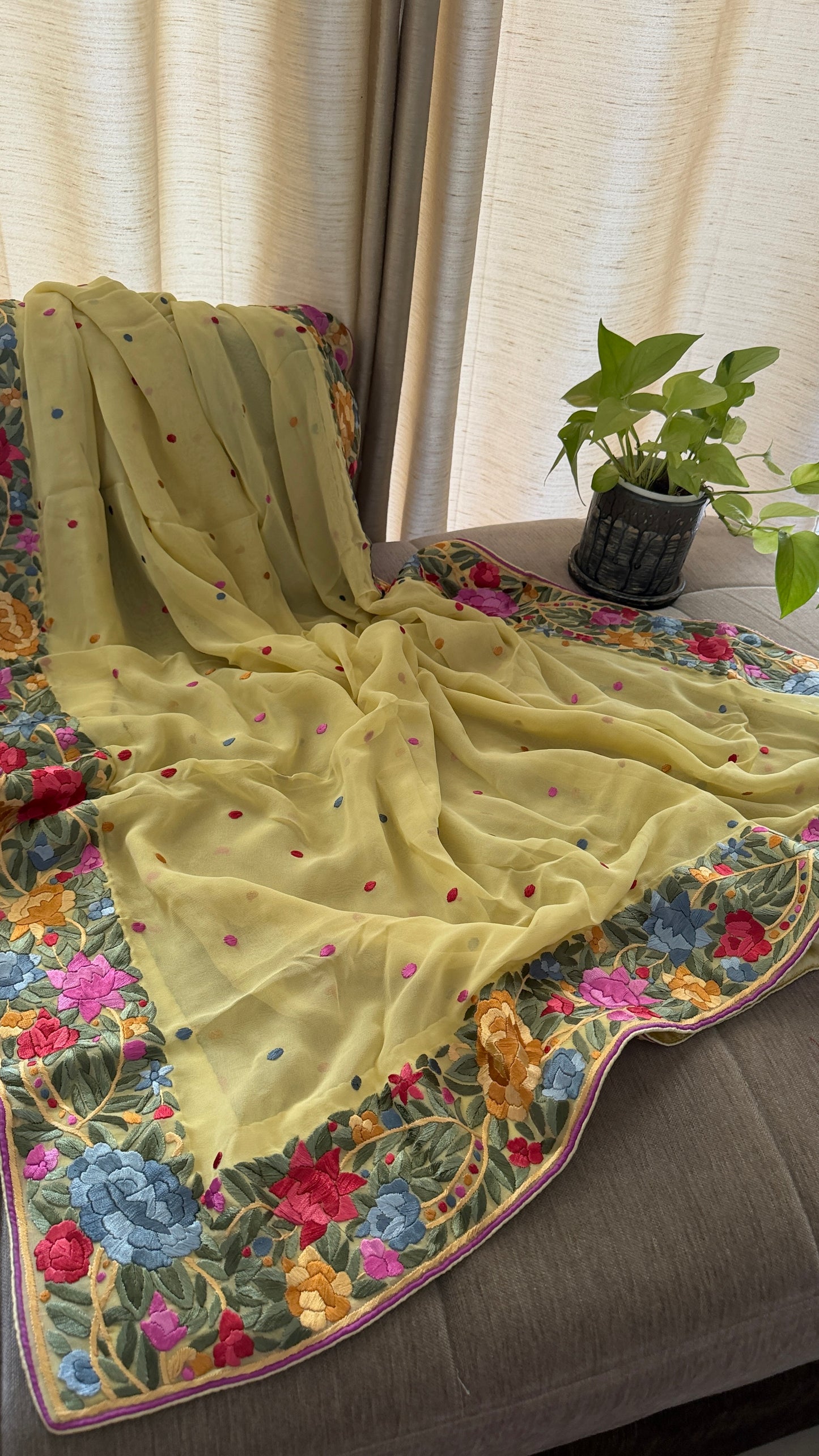 Artisanal Lemon Yellow Parsi Gara Dupatta