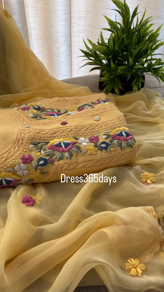 Yellow Parsi Neckline Kurta Dupatta Set