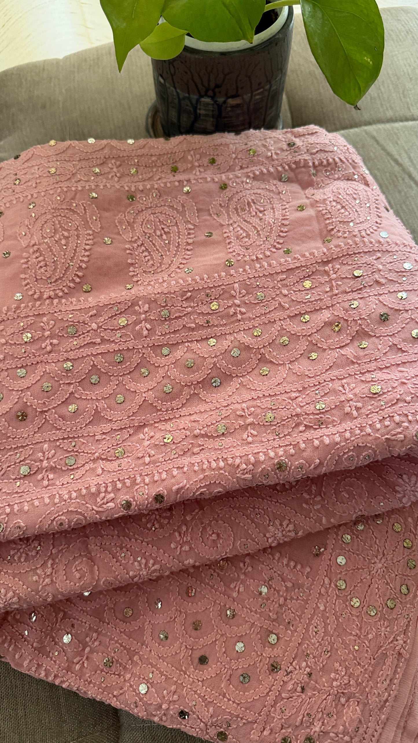Party Wear Dusty Rose Pink Mukaish Chikankari Saree for Women