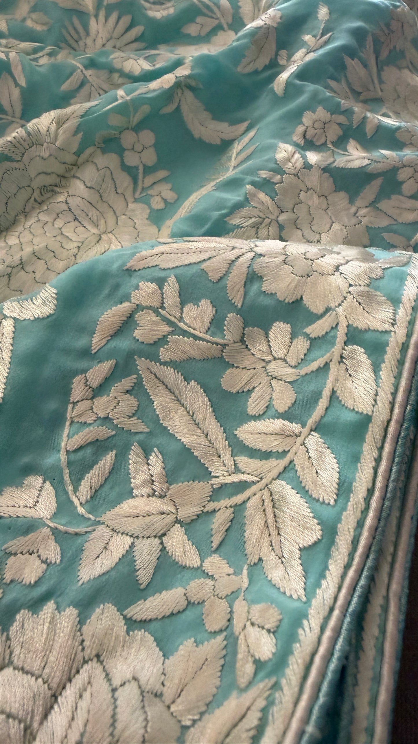 Aqua Green Crepe Silk Parsi Gara Saree