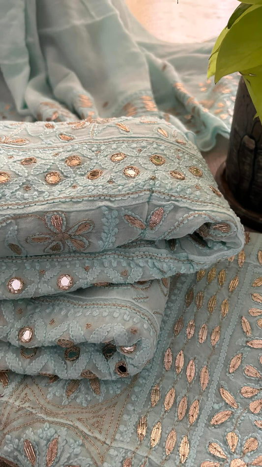 Sea Green Gota Patti & Mirror Work Chikankari Anarkali