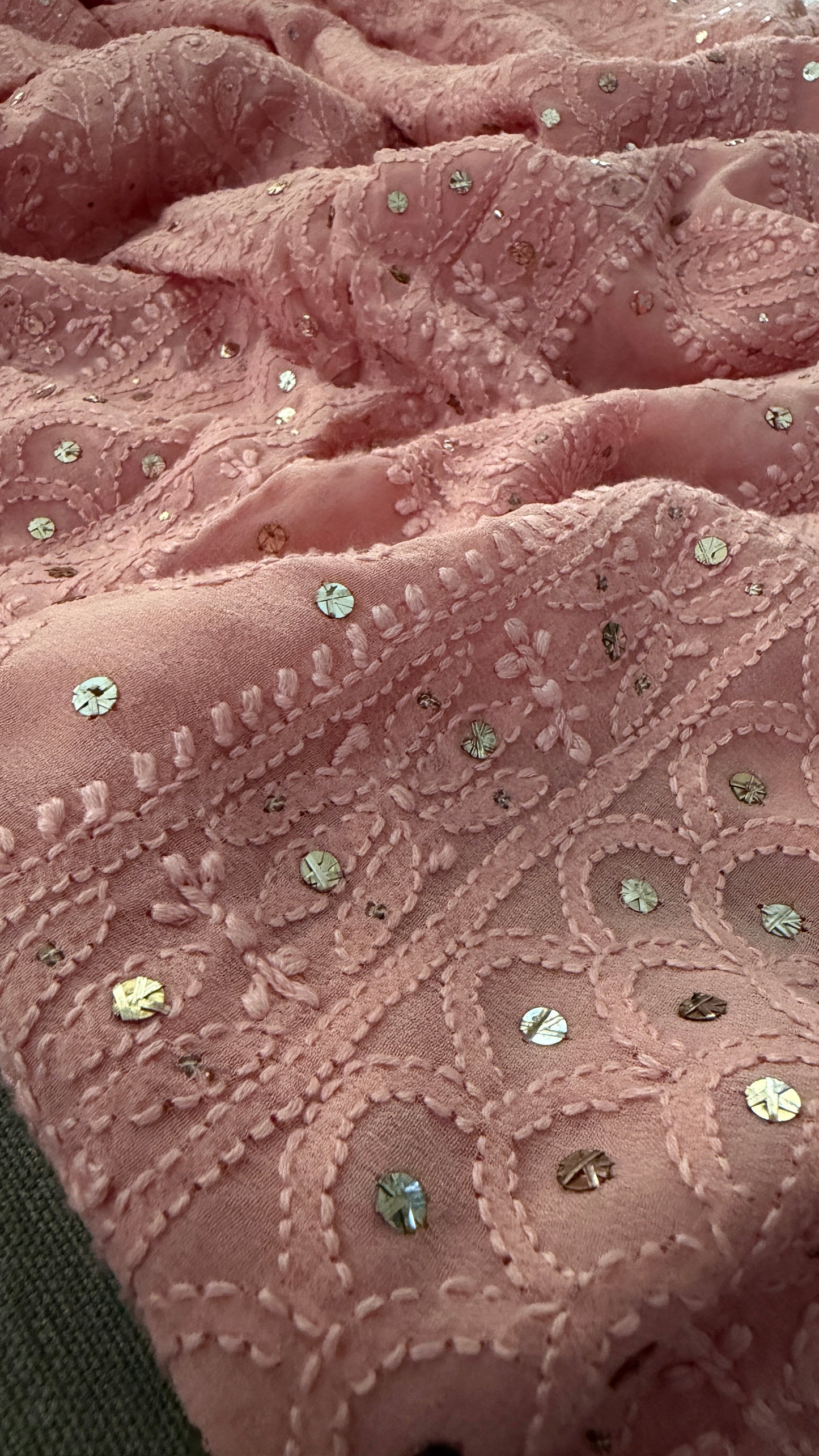Party Wear Dusty Rose Pink Mukaish Chikankari Saree for Women