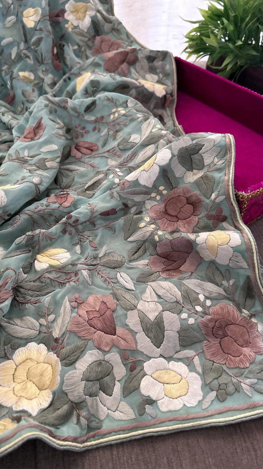Pre Order Exclusive Sage Green Parsi Gara Dupatta