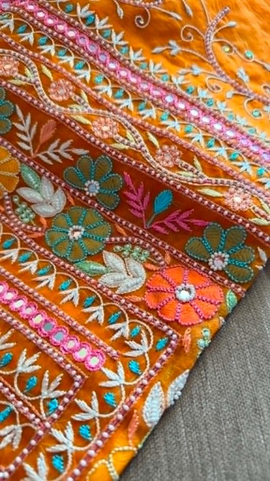 Luxury Pearl Handcrafted Organza Chikankari Suit- Rust
