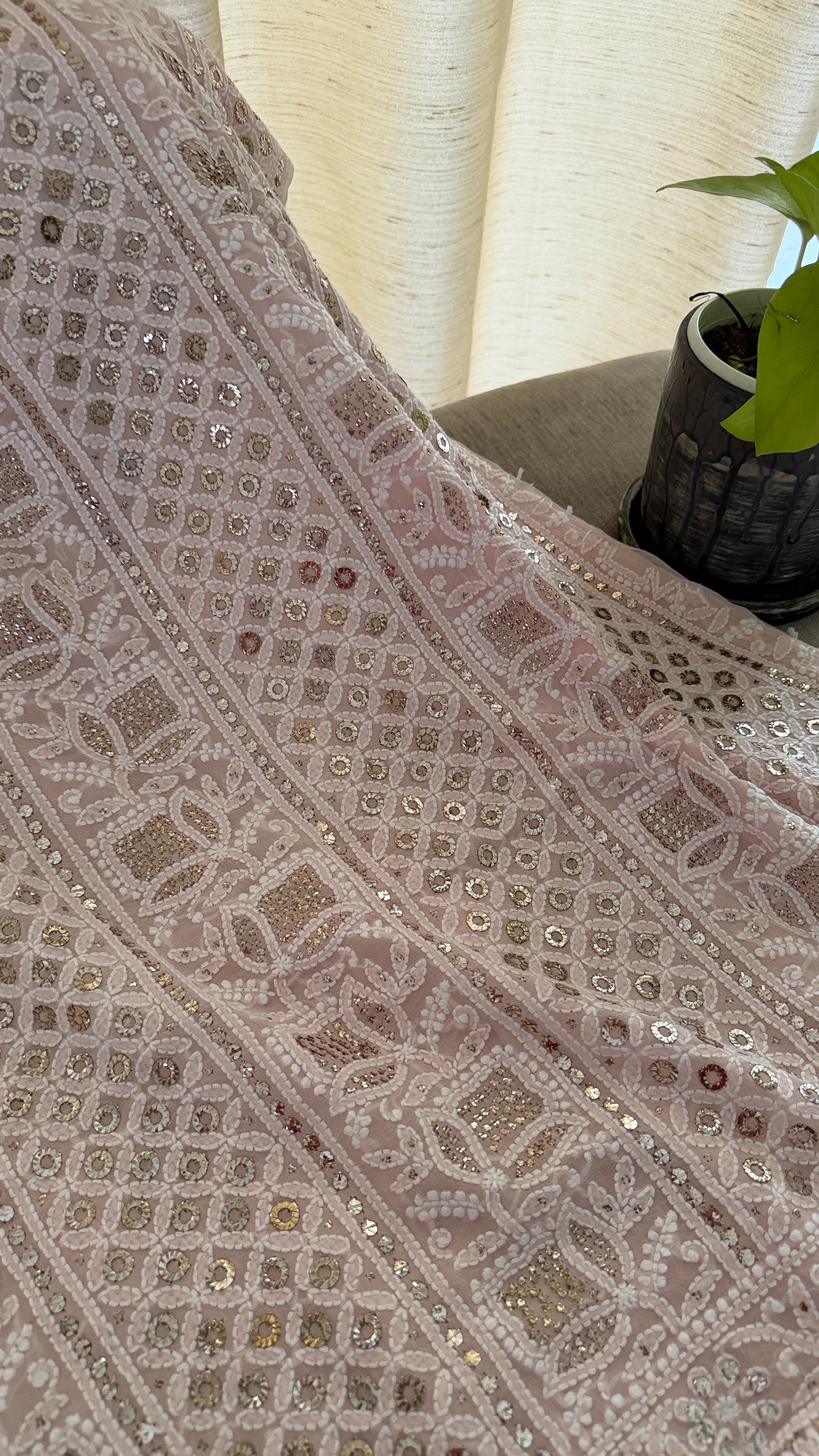Powder Pink Ring Mukaish Chikankari Suit (Kurta & Dupatta)