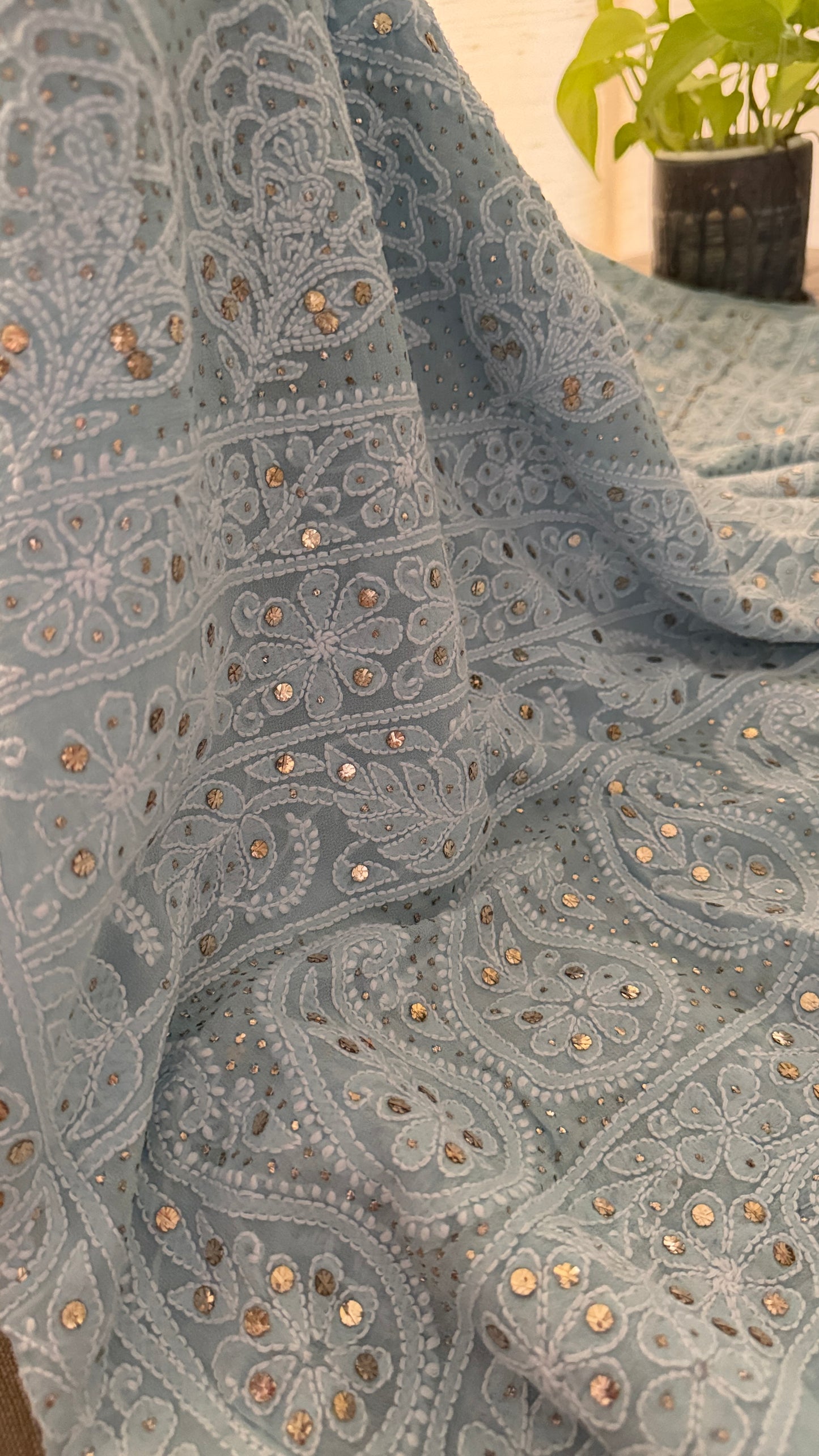 Exclusive Powder Blue Mukaish Chikankari Saree