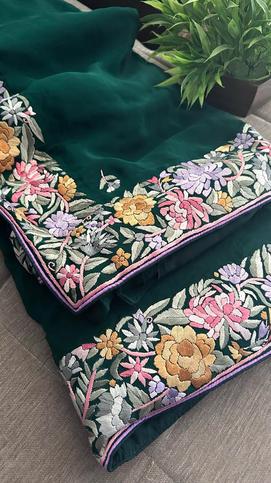 Pre Order Emerald Green Parsi Gara Saree