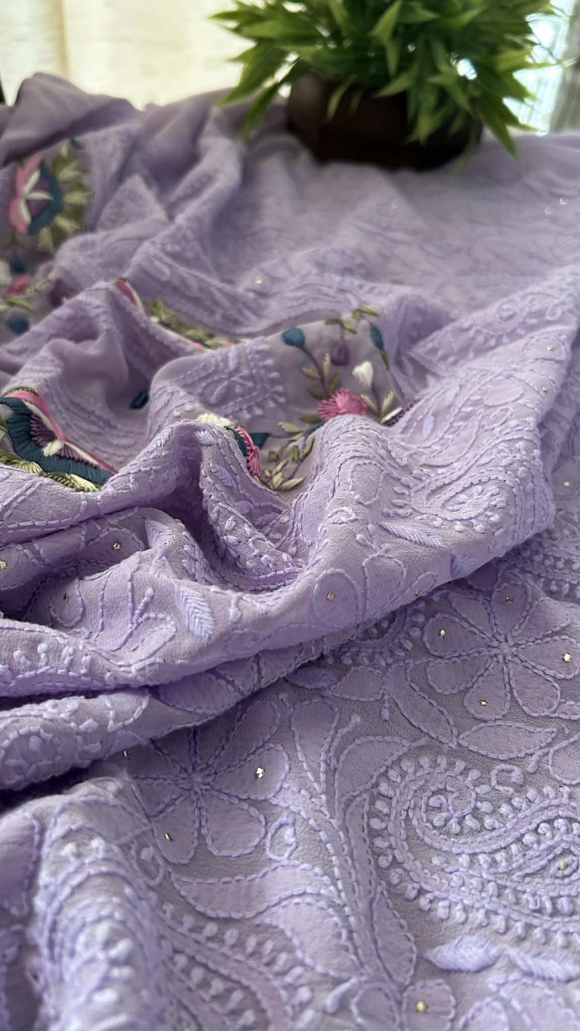 Lilac Chikankari Parsi Gara Neckline Suit