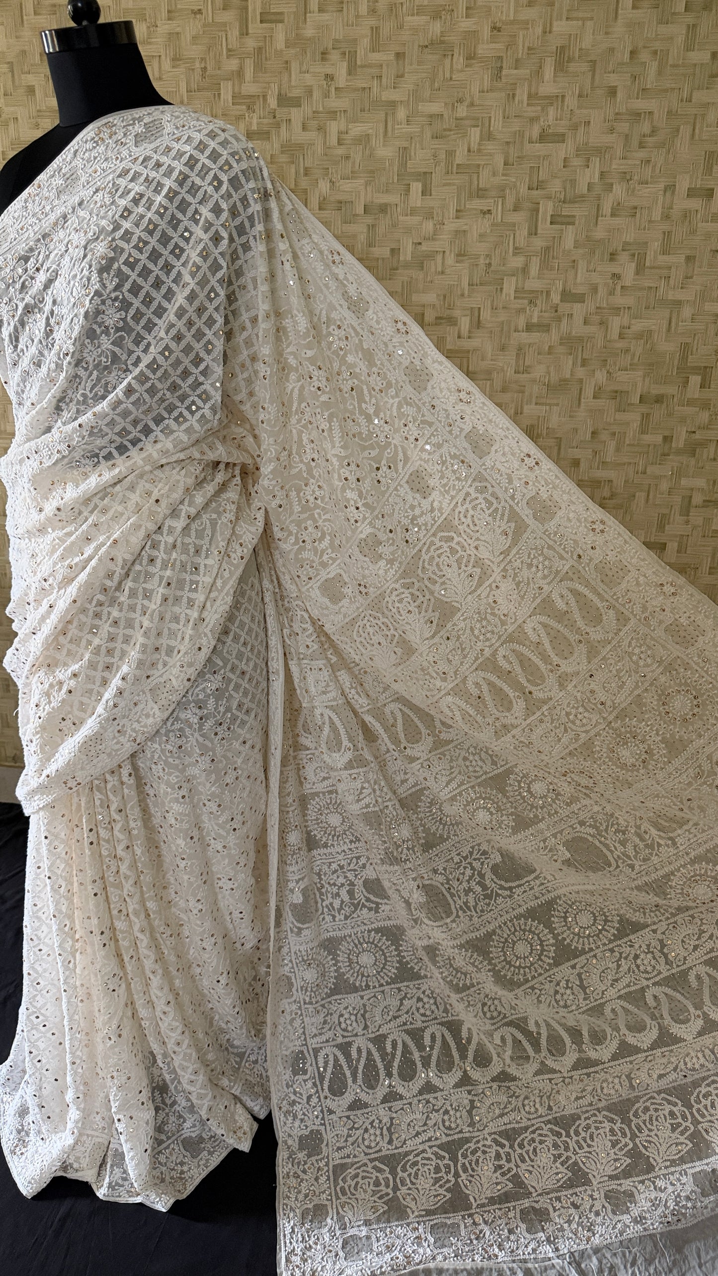 Ivory Pure Georgette Mukaish Chikankari Saree