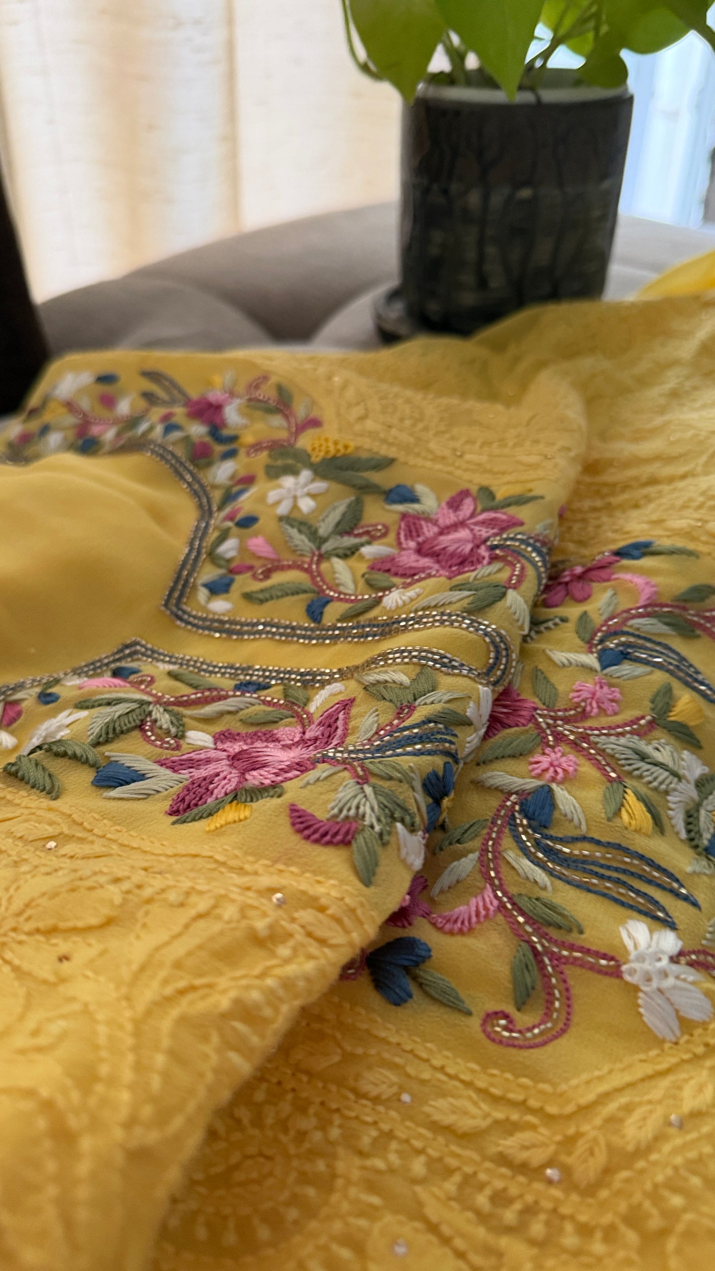 Yellow Parsi Inspired Chikankari Suit with Mukaish and Multicolour Neckline