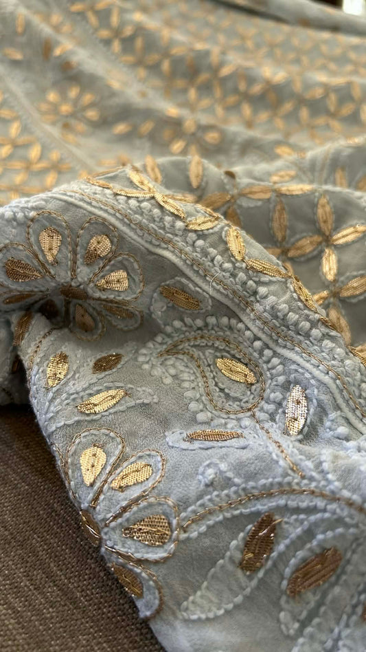 Greyish Blue Gota Patti Chikankari Anarkali Suit (Anarkali And Dupatta)