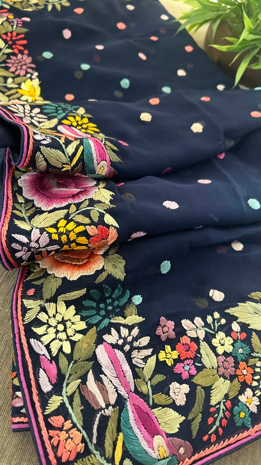 Navy Multicolour Parsi Gara Dupatta