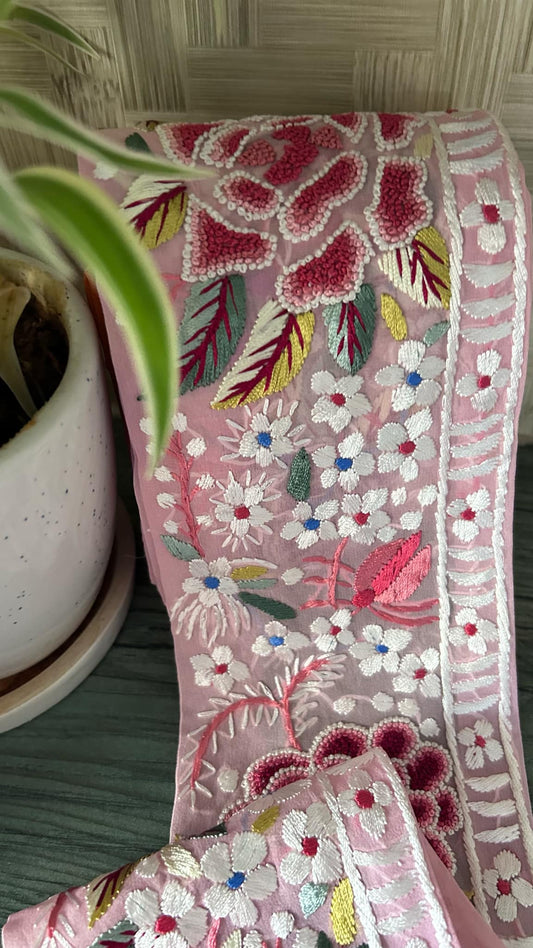 Pre Order Exclusive Parsi Gara Hand Embroidered Border (Pink)