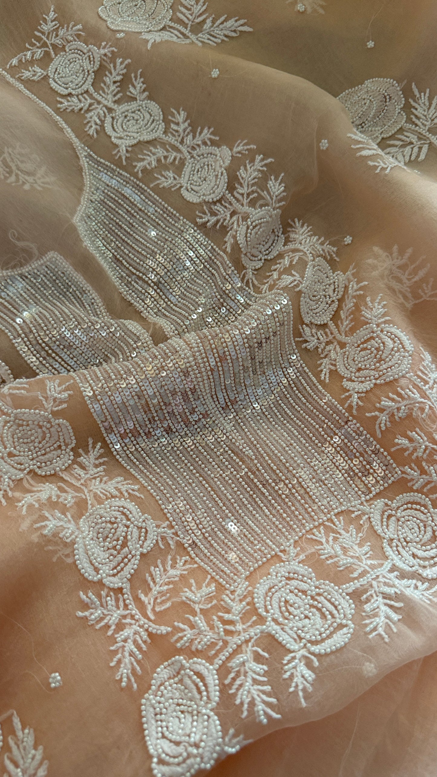 Pearl Embellished Pastel Pink Organza Chikankari Suit