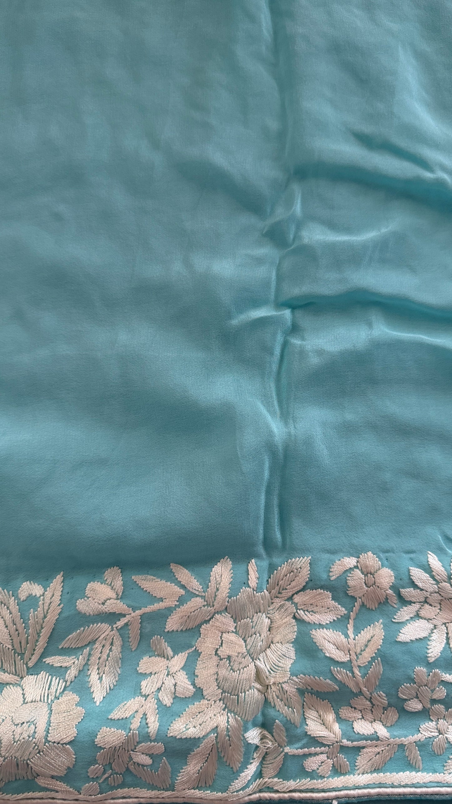 Aqua Green Crepe Silk Parsi Gara Saree