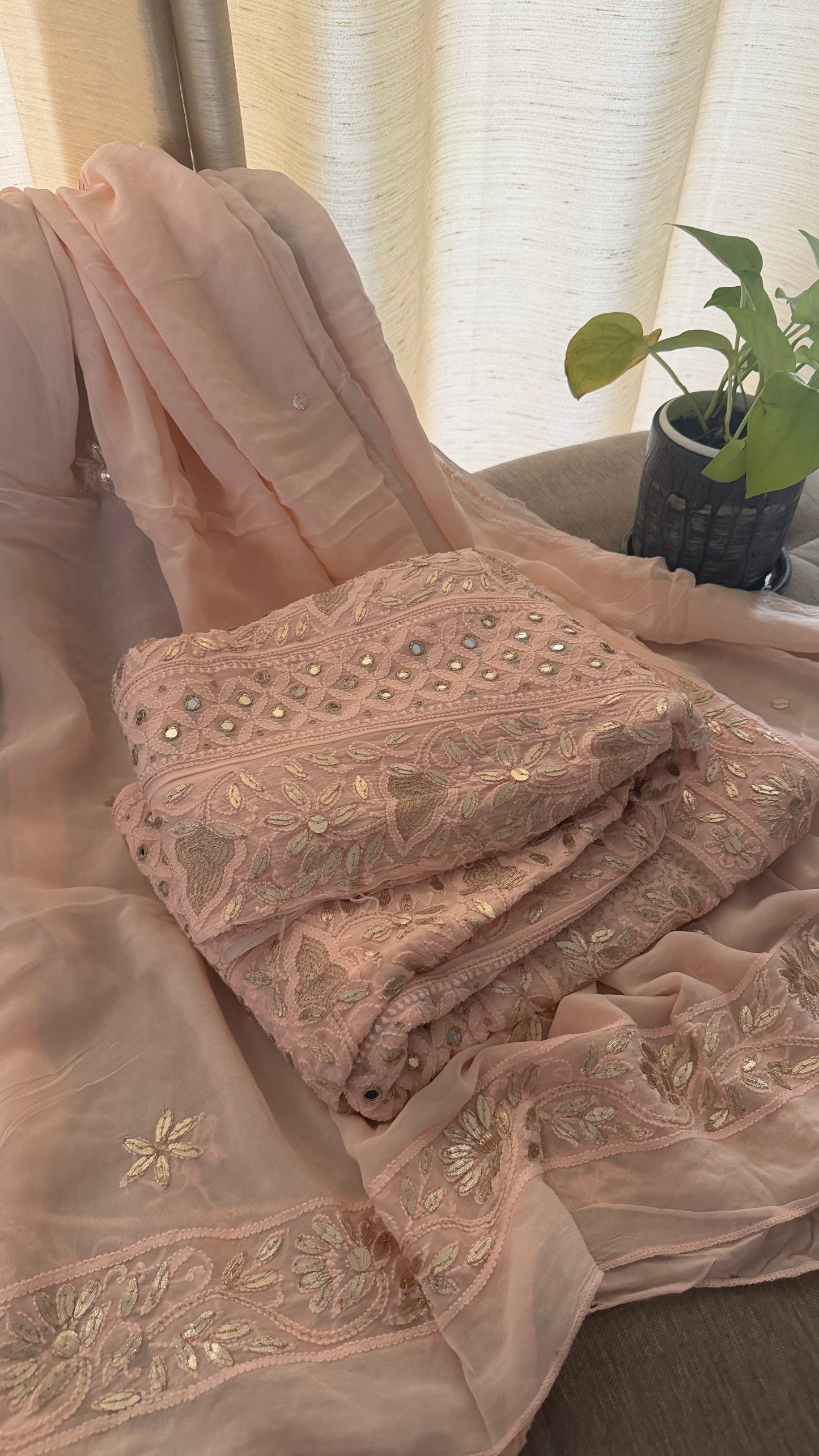 Designer Pastel Pink Mirror Gota Patti Chikankari Anarkali Suit
