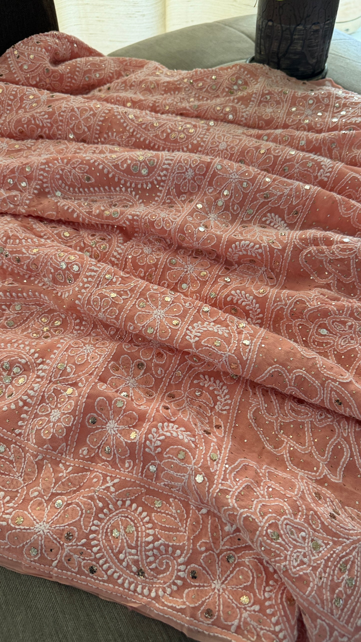 Peach Mukaish Chikankari Saree
