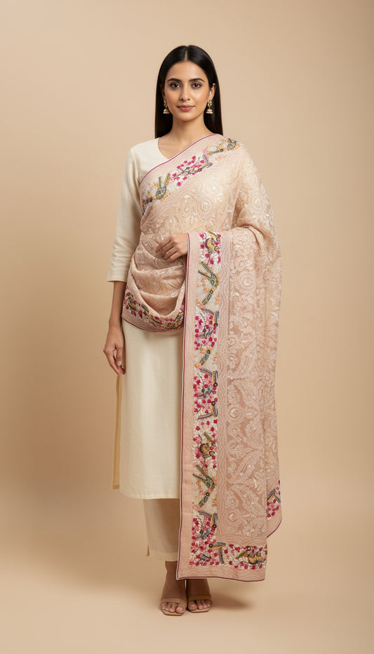 Oyster Pink Parsi Gara Dupatta with French Knot & Chikankari