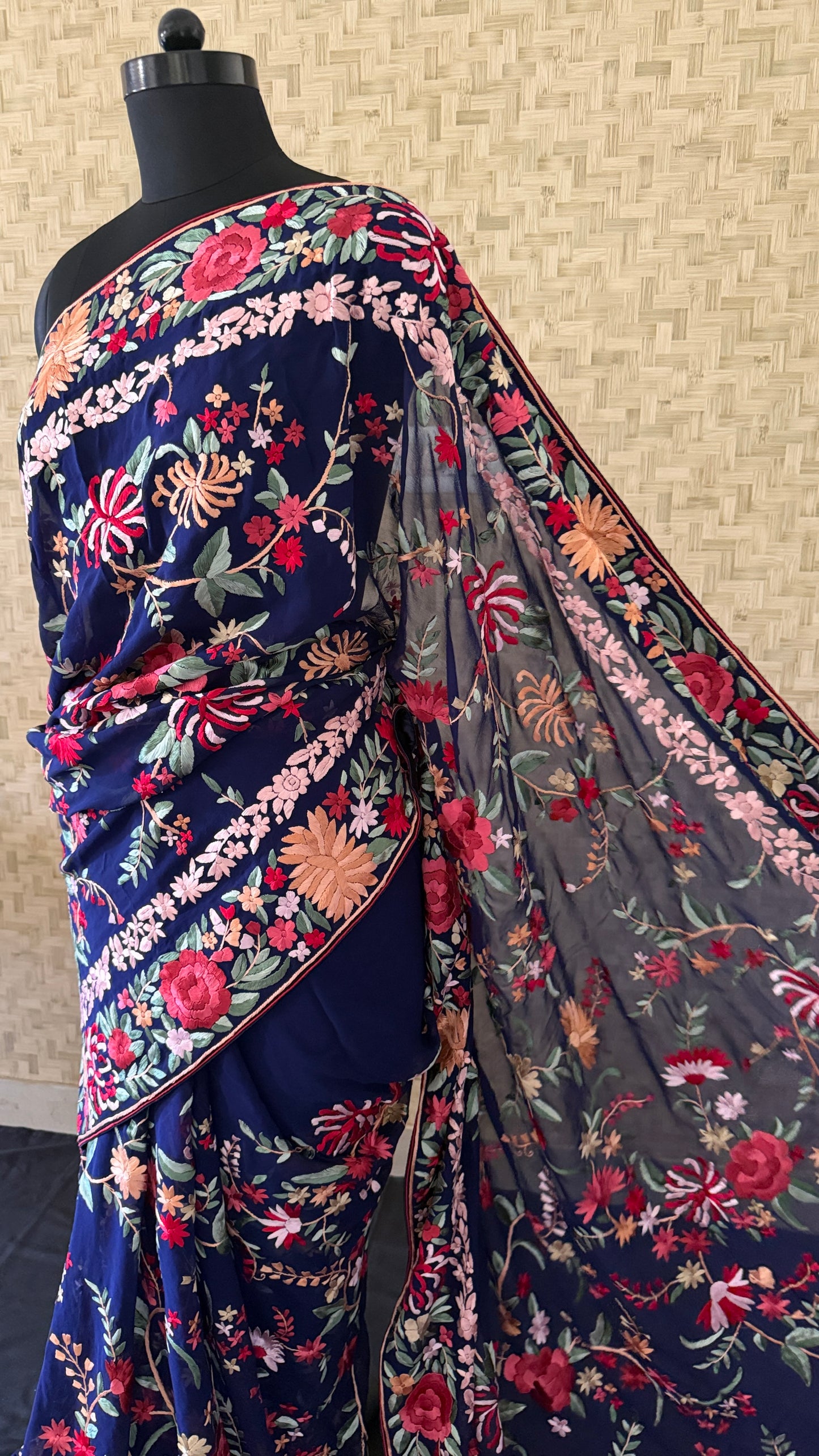 Navy Multicolour Floral Parsi Gara Saree