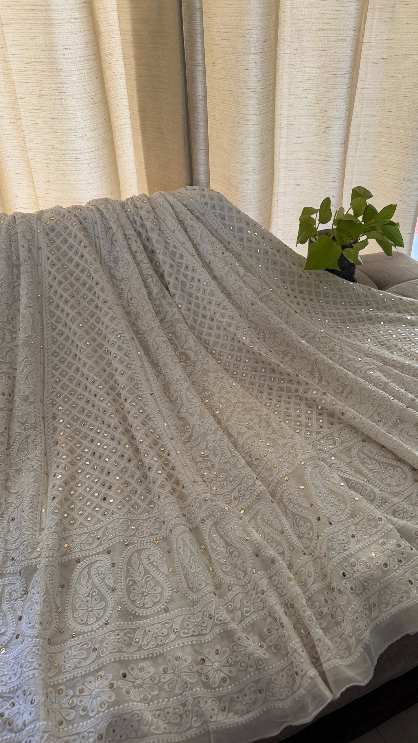Ivory White Mukaish and Lucknowi Chikankari Lehenga Set