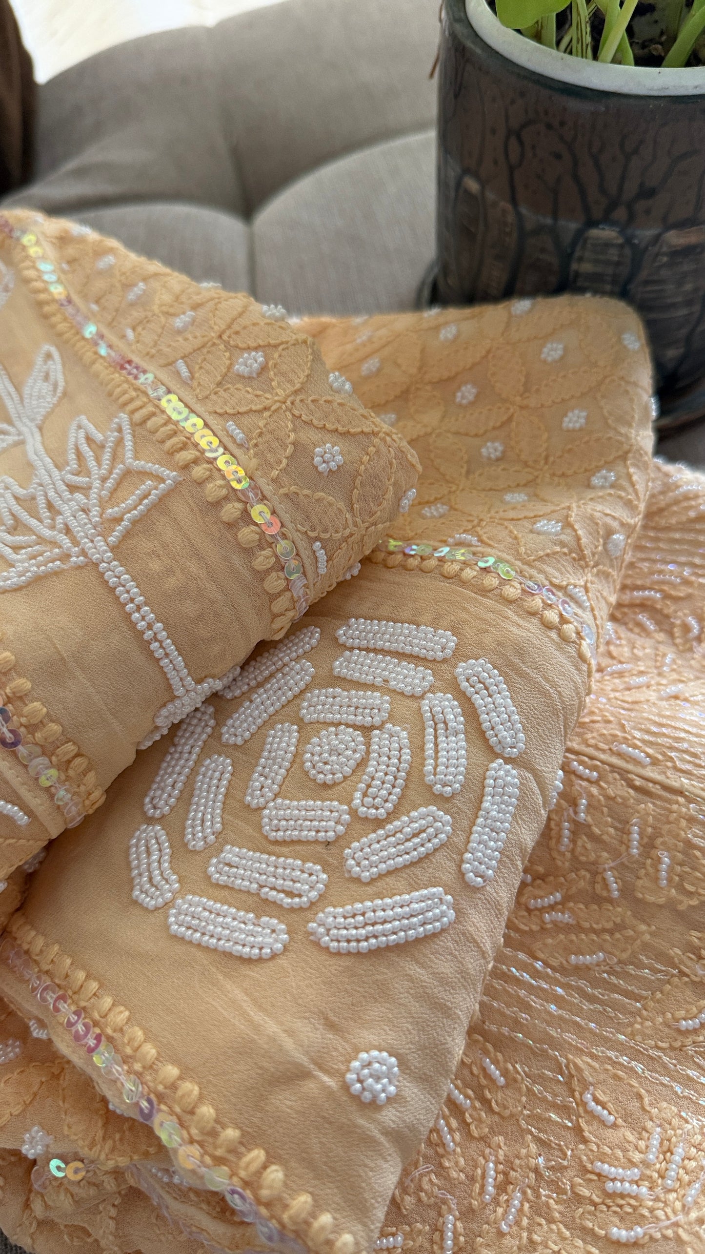 Beige Pearl Chikankari Anarkali Suit