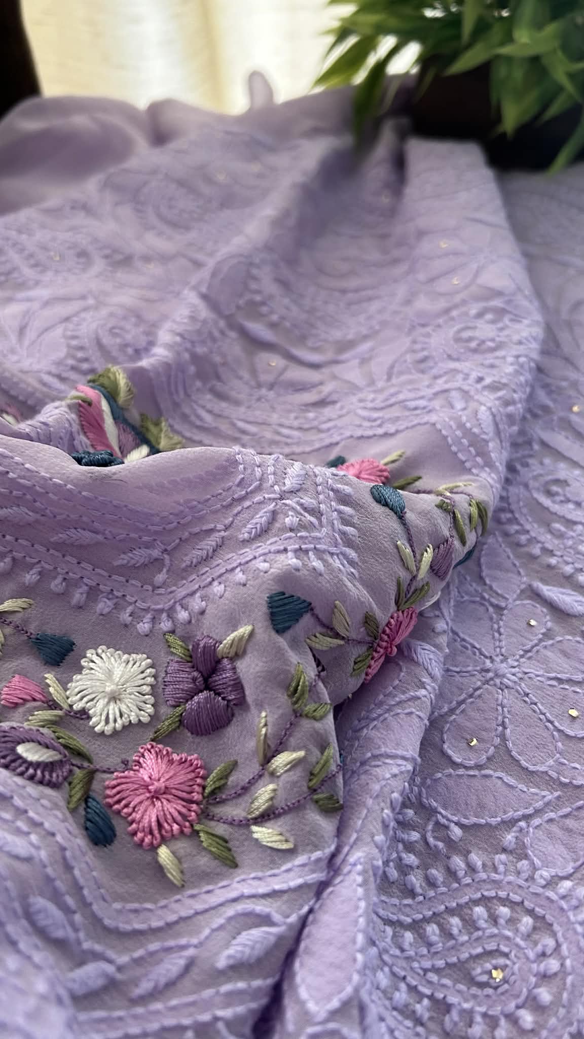 Lilac Chikankari Parsi Gara Neckline Suit