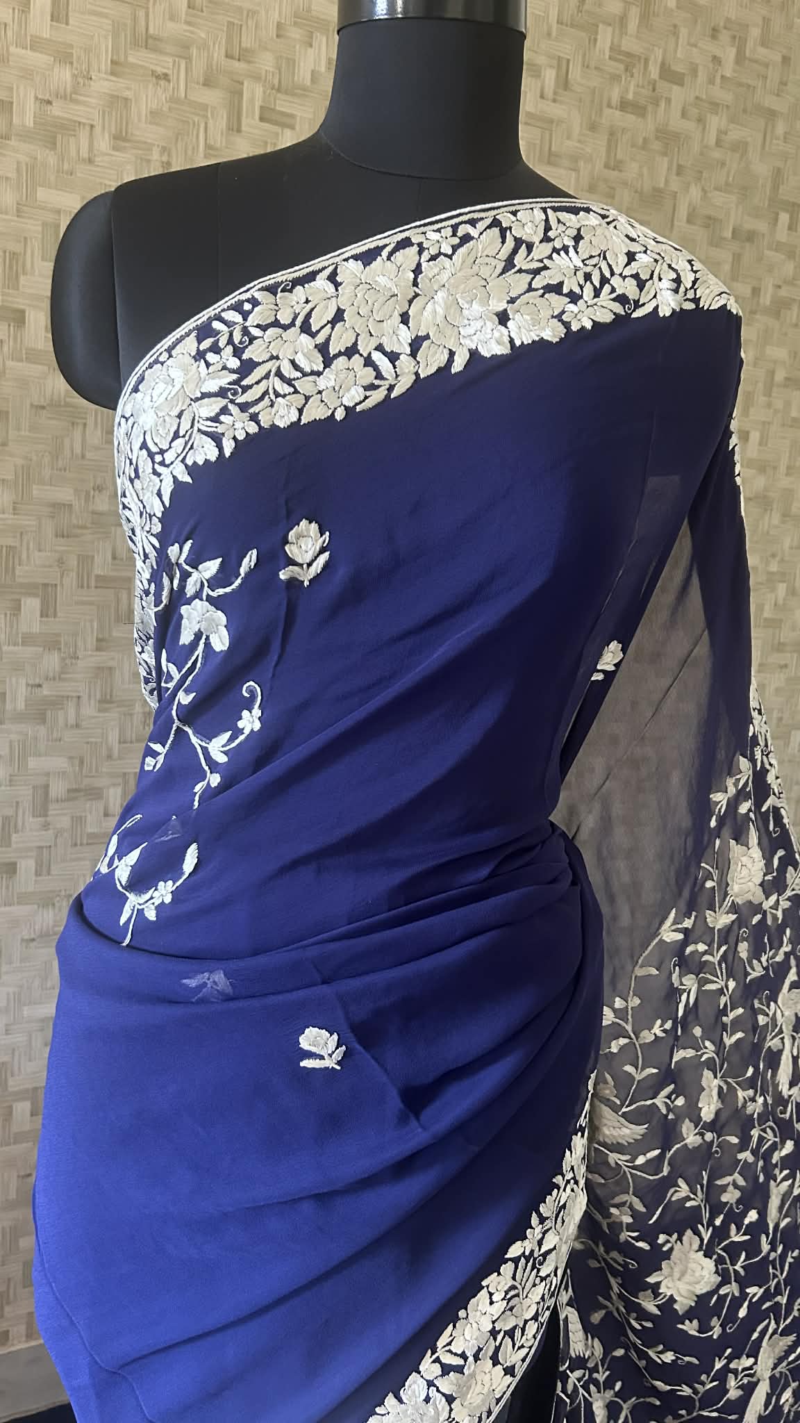 Elegant Navy Ivory Parsi Gara Saree