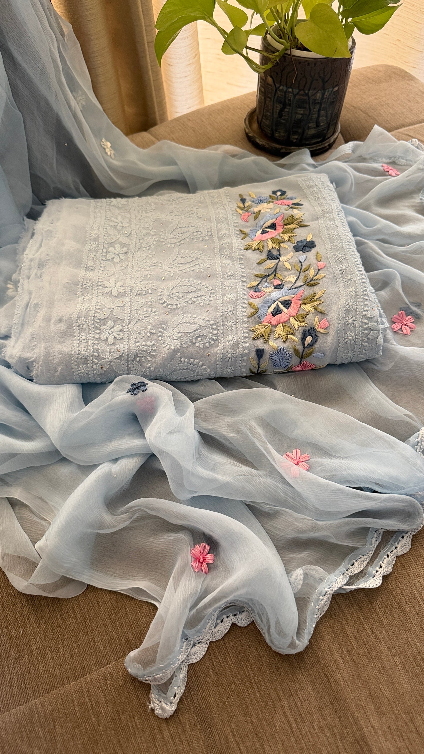 Powder Blue Chikankari Parsi Gara Daman Suit