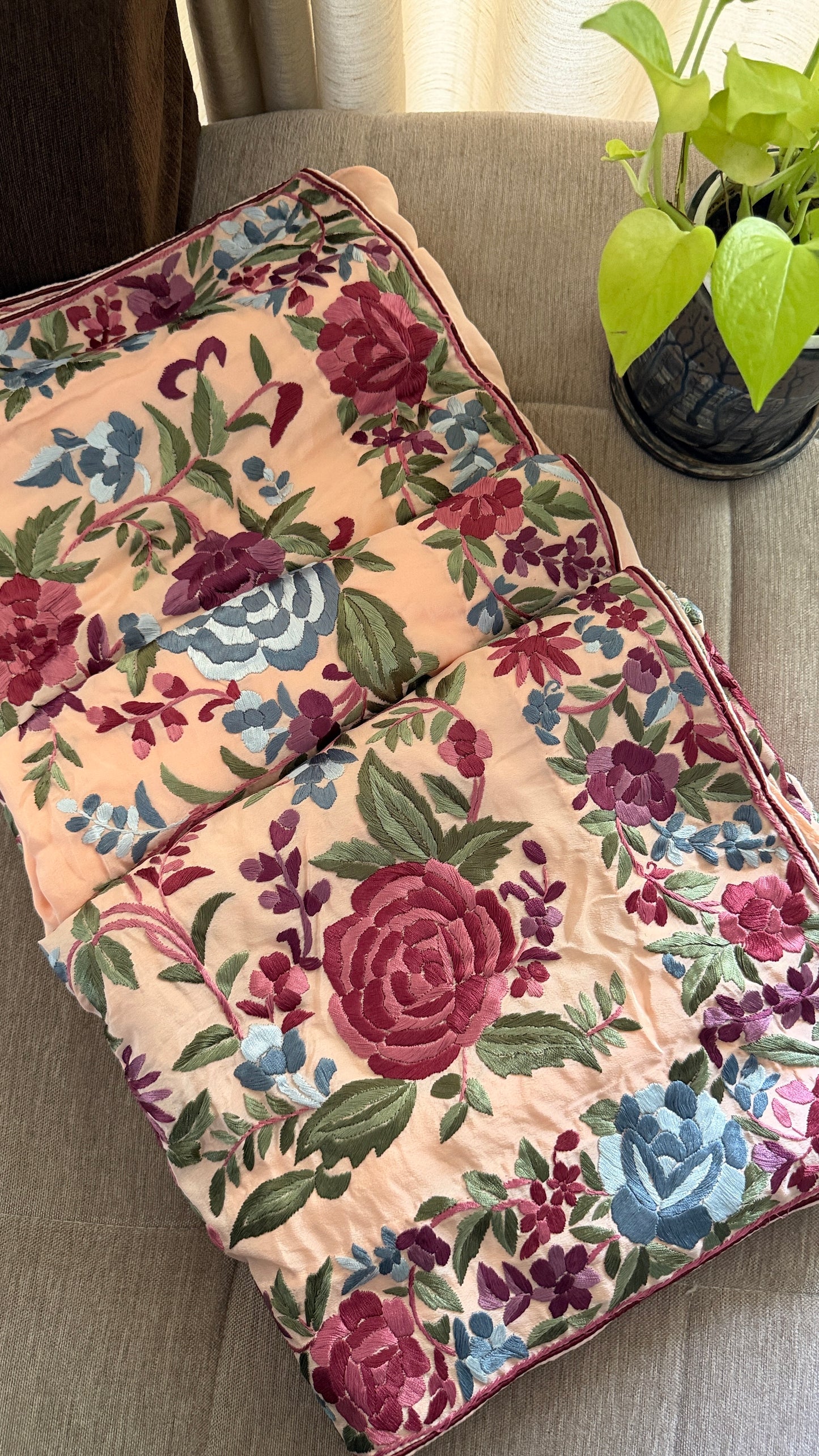 Heirloom Peach Parsi Gara Saree- Crepe silk