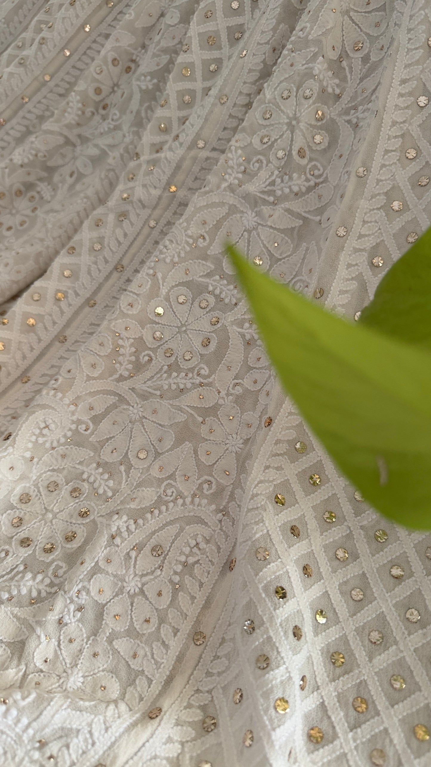 Ivory White Mukaish and Lucknowi Chikankari Lehenga Set