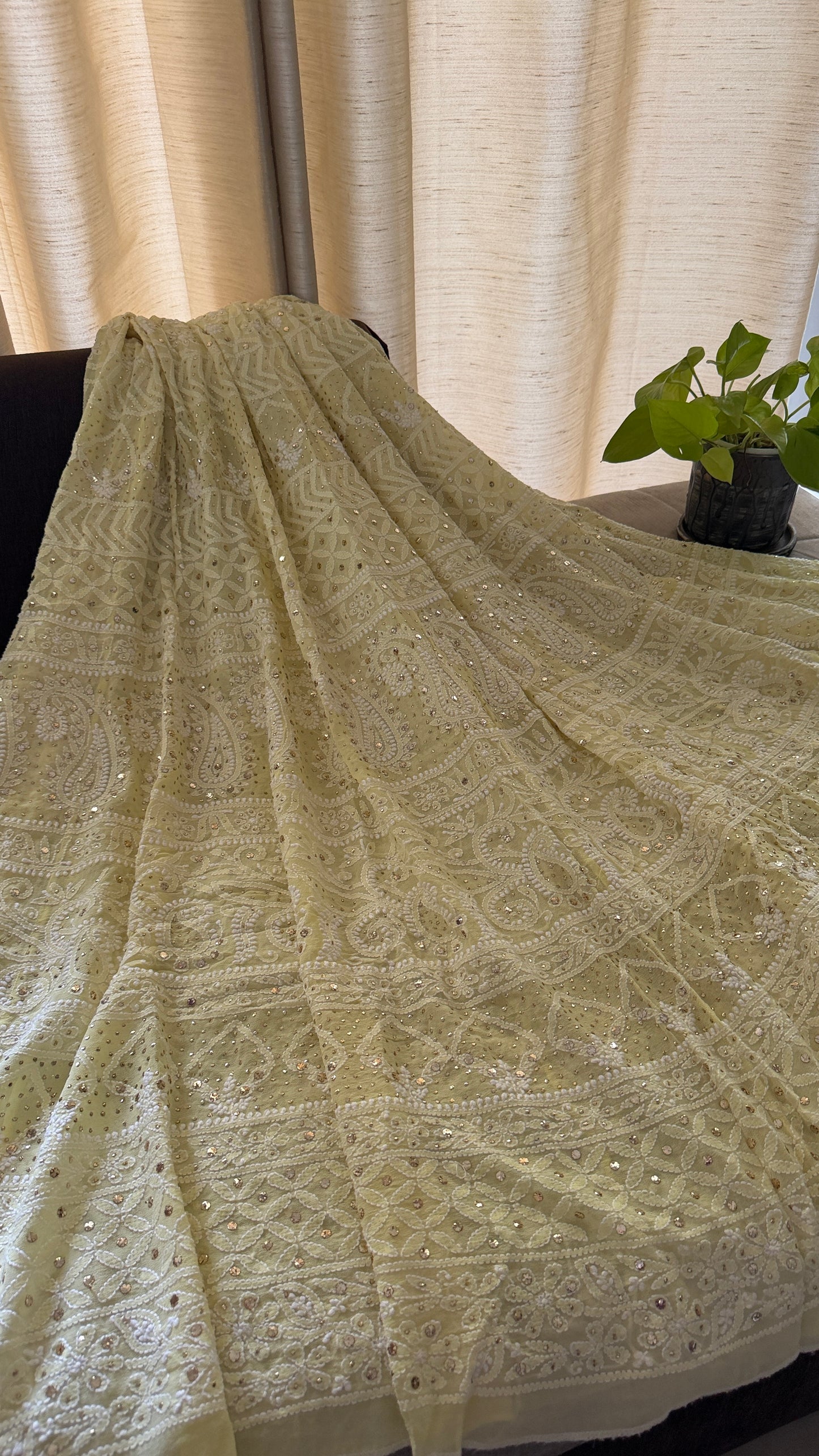 Lemon Yellow Mukaish Chikankari Lehenga Set