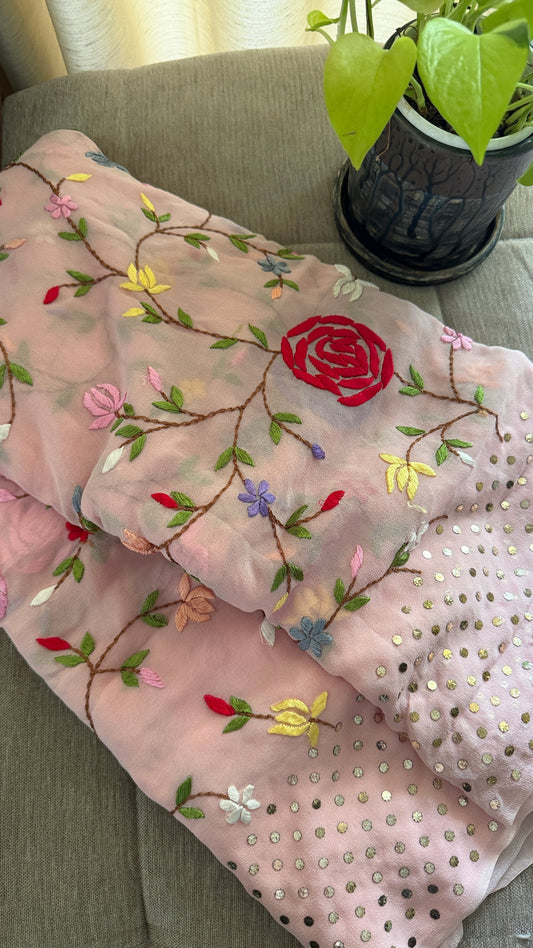 Floral Parsi Gara Embroidered Mukaish Saree