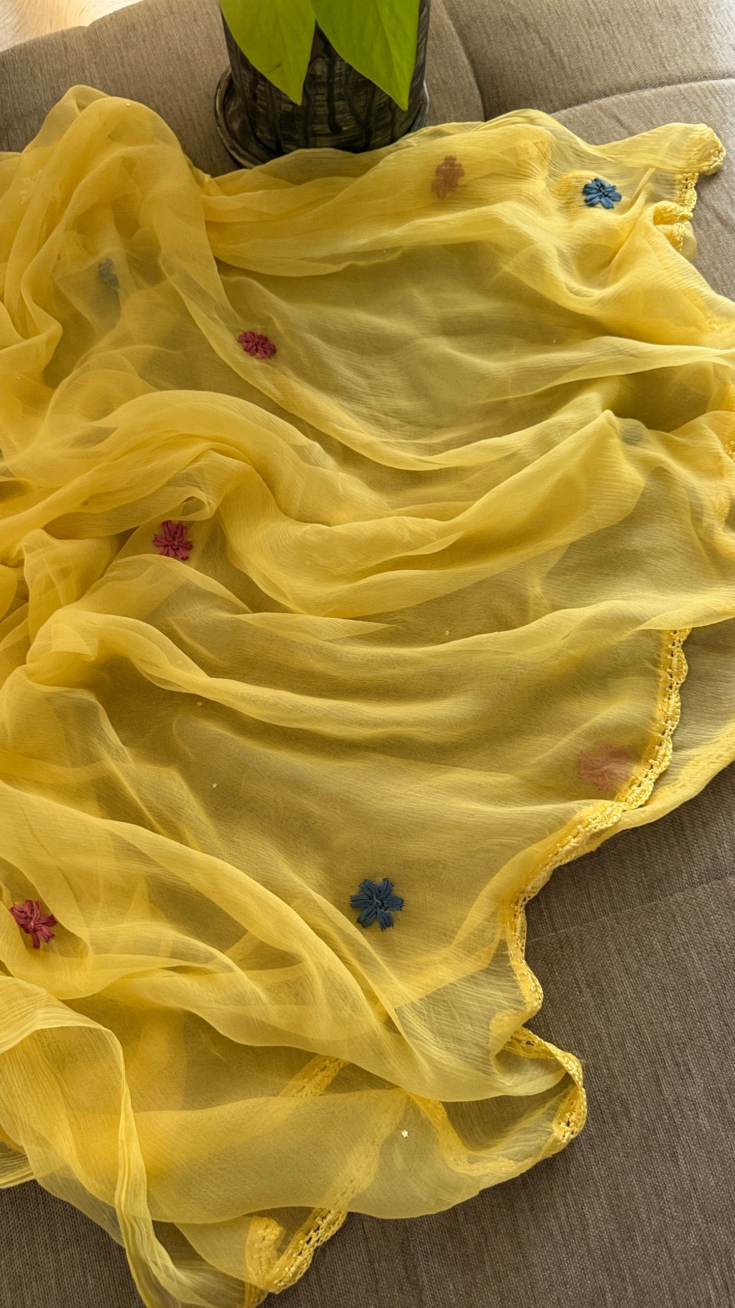 Yellow Parsi Inspired Chikankari Suit with Mukaish and Multicolour Neckline