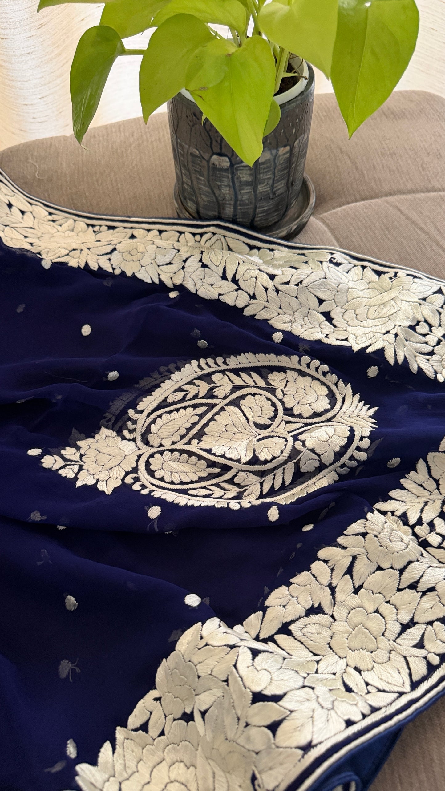 Heirloom Navy Ivory Pure Georgette Parsi Gara Dupatta