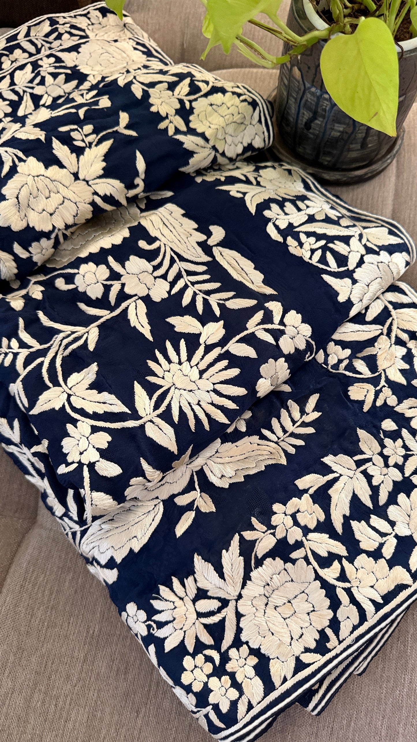 Designer Parsi Gara Saree - Self Design Pure Crepe