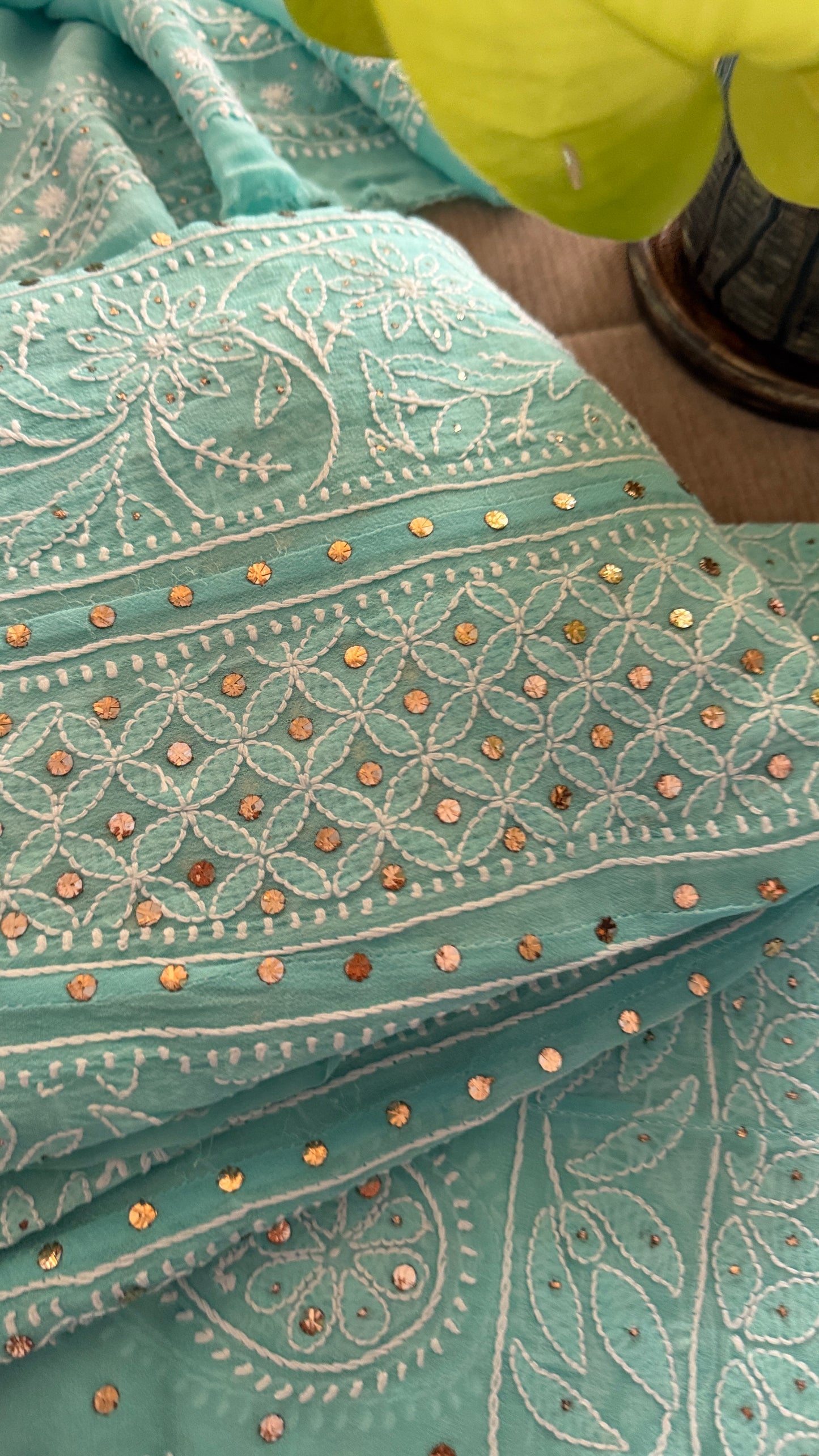 Sea Green Chikankari Anarkali Suit With Golden Mukaish (Anarkali And Dupatta)