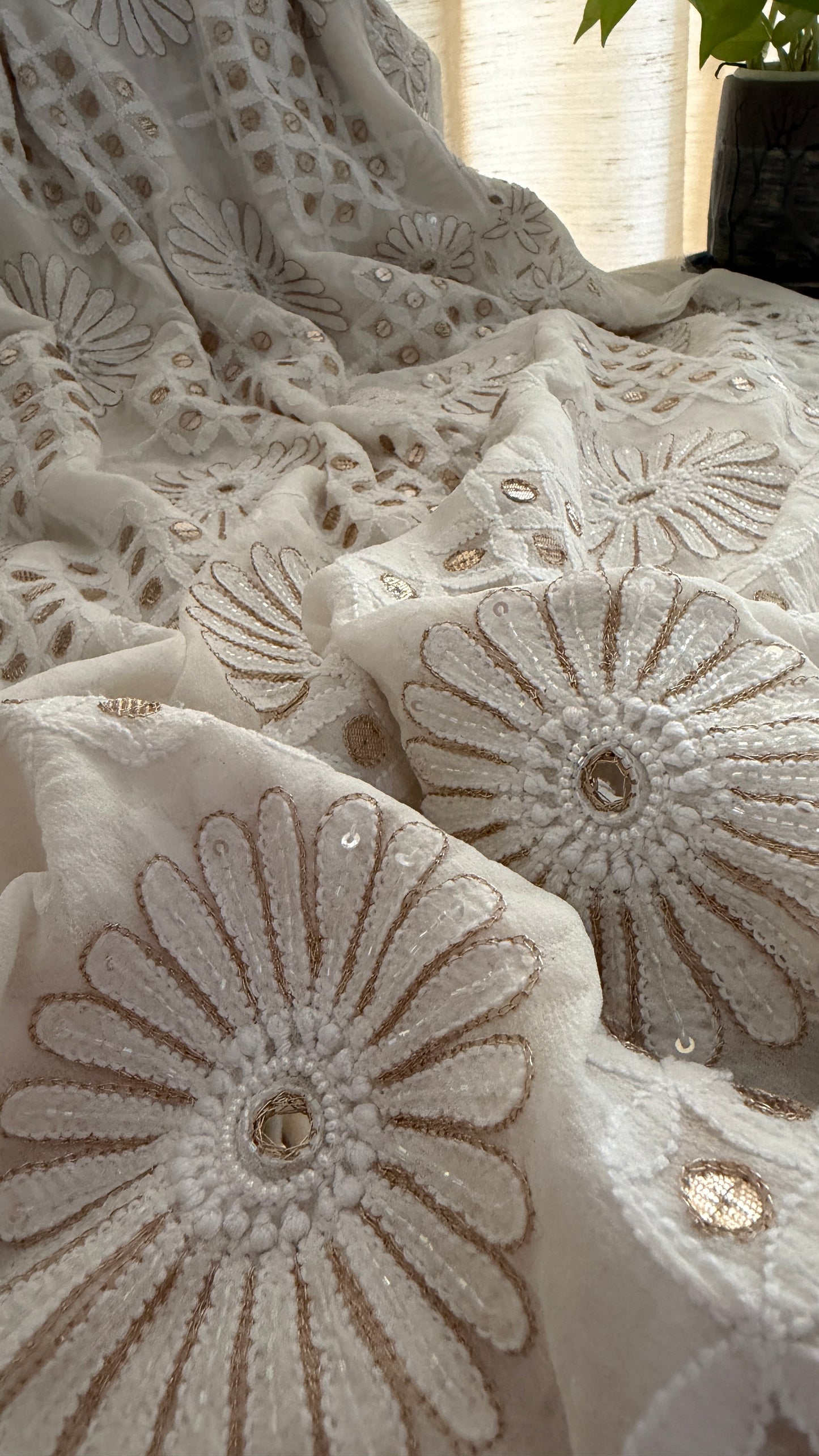 Ivory White Pearl Gota Patti Chikankari Saree