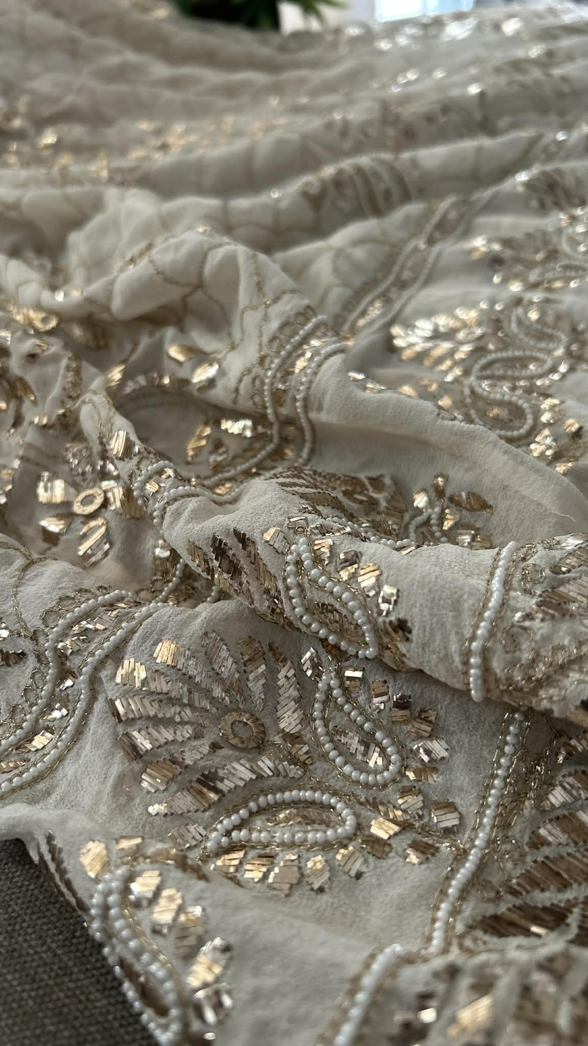 Masterpiece Ivory Golden Kamdani and Pearl Anarkali Suit