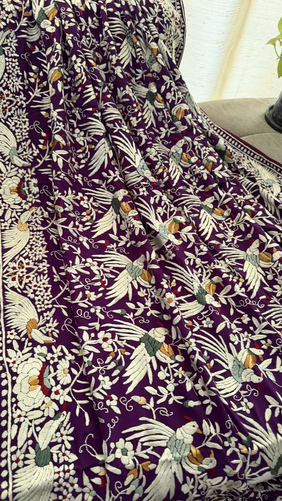 Designer Purple Parsi Gara Hand Embroidered Dupatta