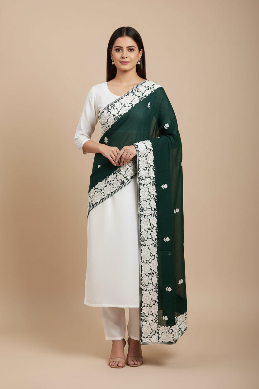 Pre Order Emerald Green Parsi Gara Dupatta