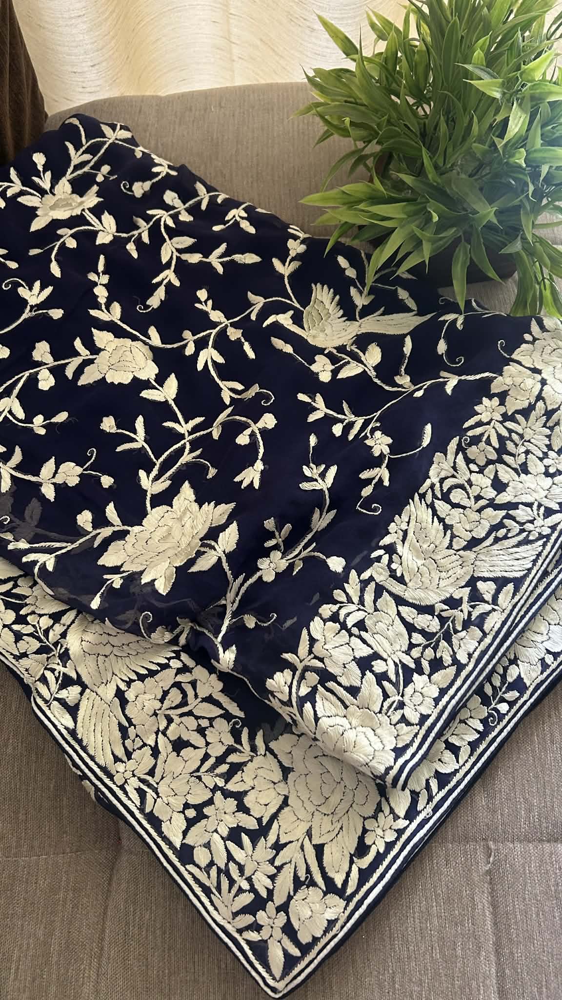 Elegant Navy Ivory Parsi Gara Saree