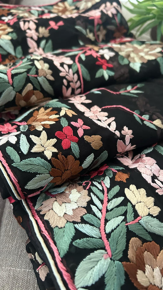 Black Floral Multicolour Parsi Gara Dupatta
