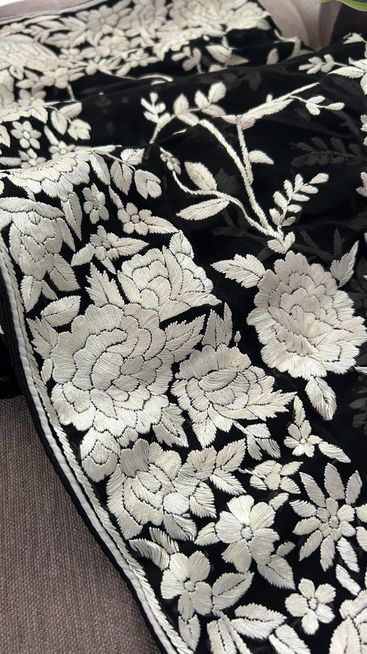 Black & Ivory Parsi Gara Hand Embroidered Dupatta