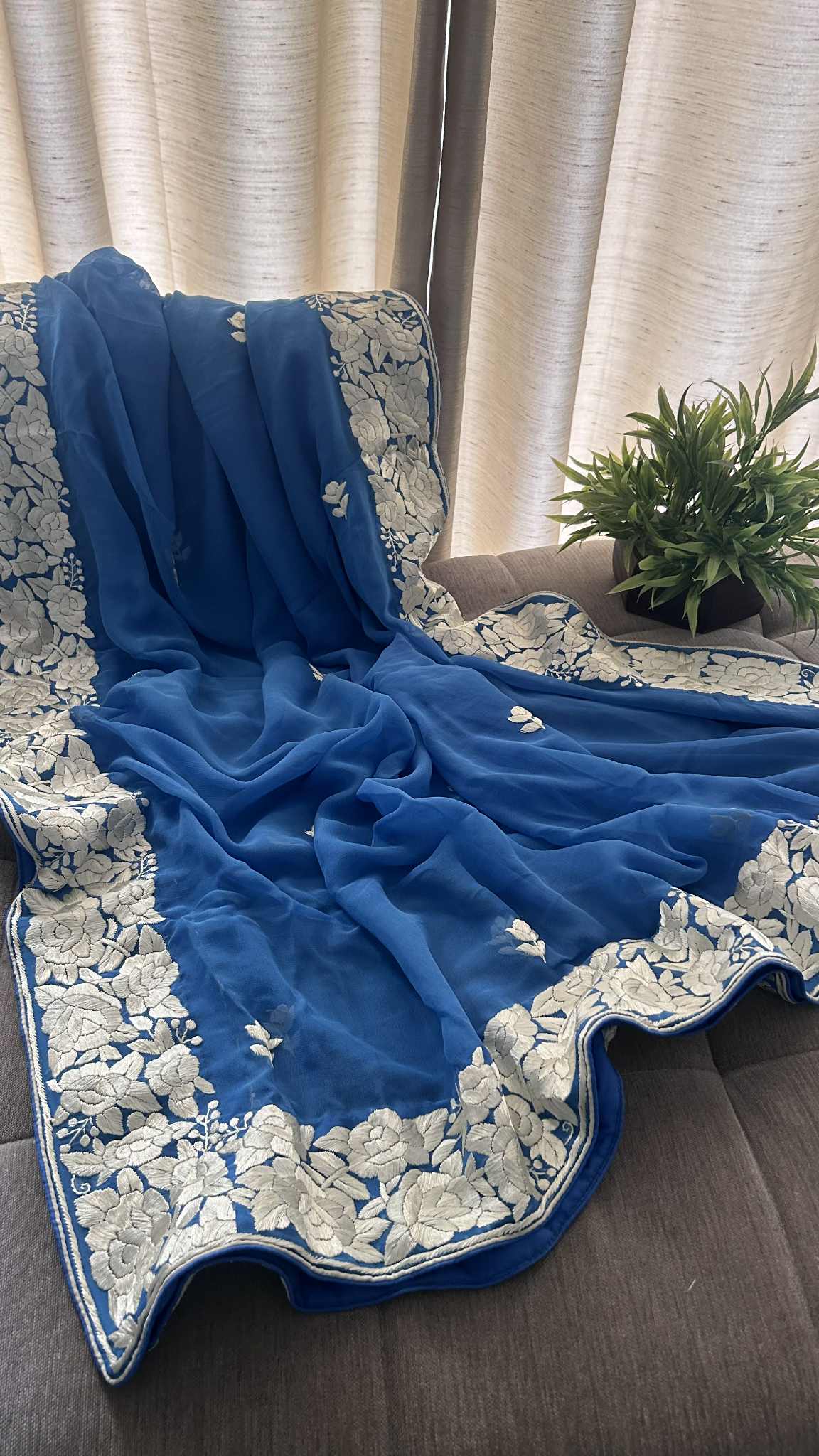 Pre Order Blue & Ivory Parsi Gara Dupatta