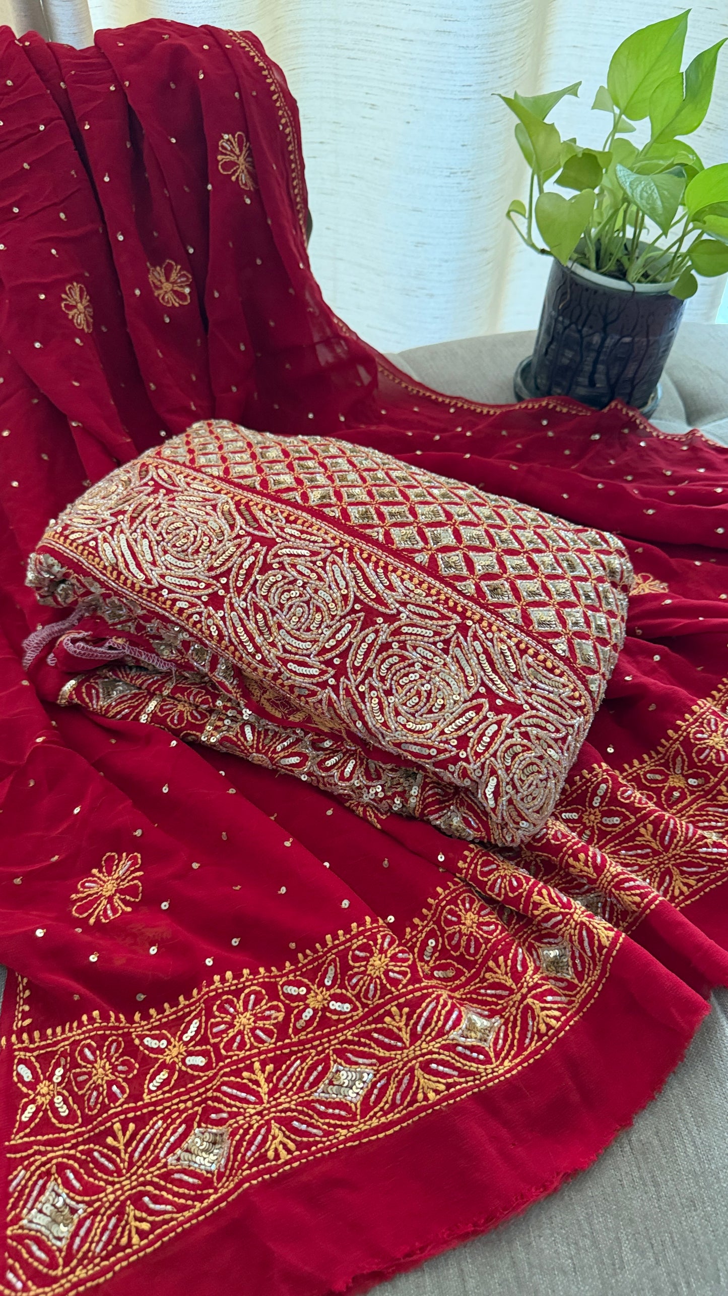 Masterpiece Red Cut Dana & Sequins Work Chikankari Anarkali Suit