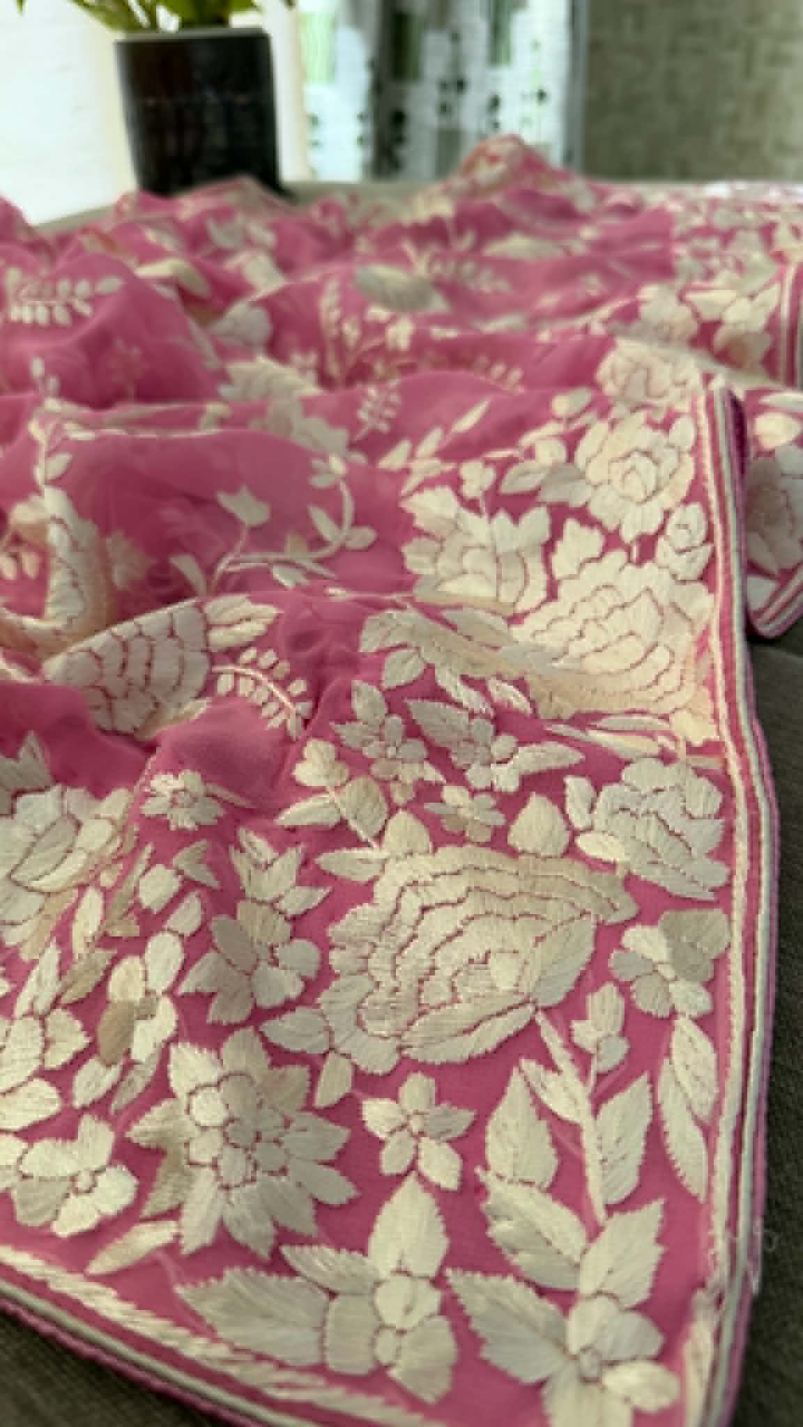 Elegant Pink & Ivory Parsi Gara Dupatta