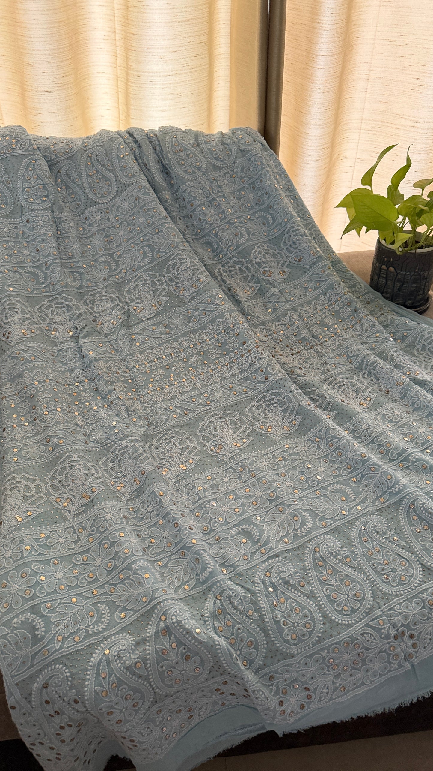 Exclusive Powder Blue Mukaish Chikankari Saree