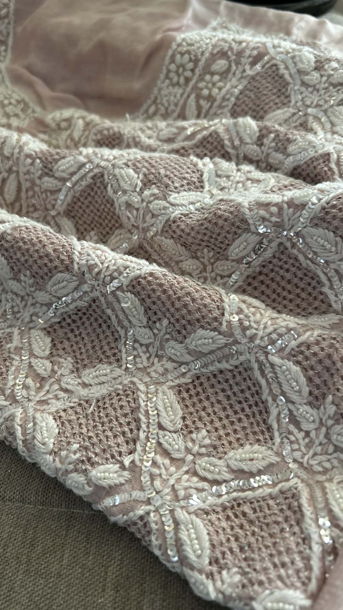 Rose Gold Hand Jaali & Pearl Tissue Chanderi Suit (Kurta & Dupatta)