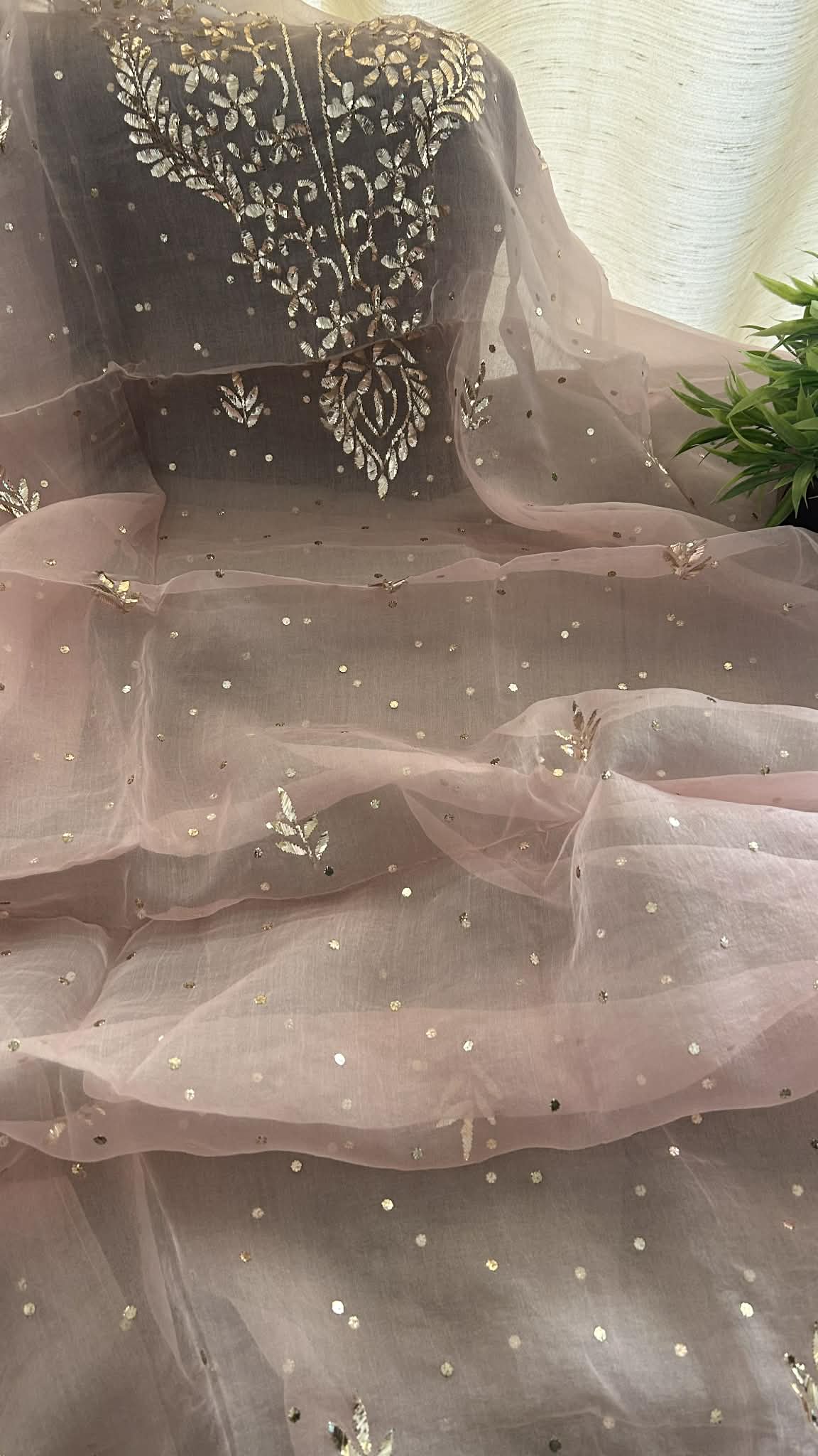 Pastel Pink Organza Mukaish Suit