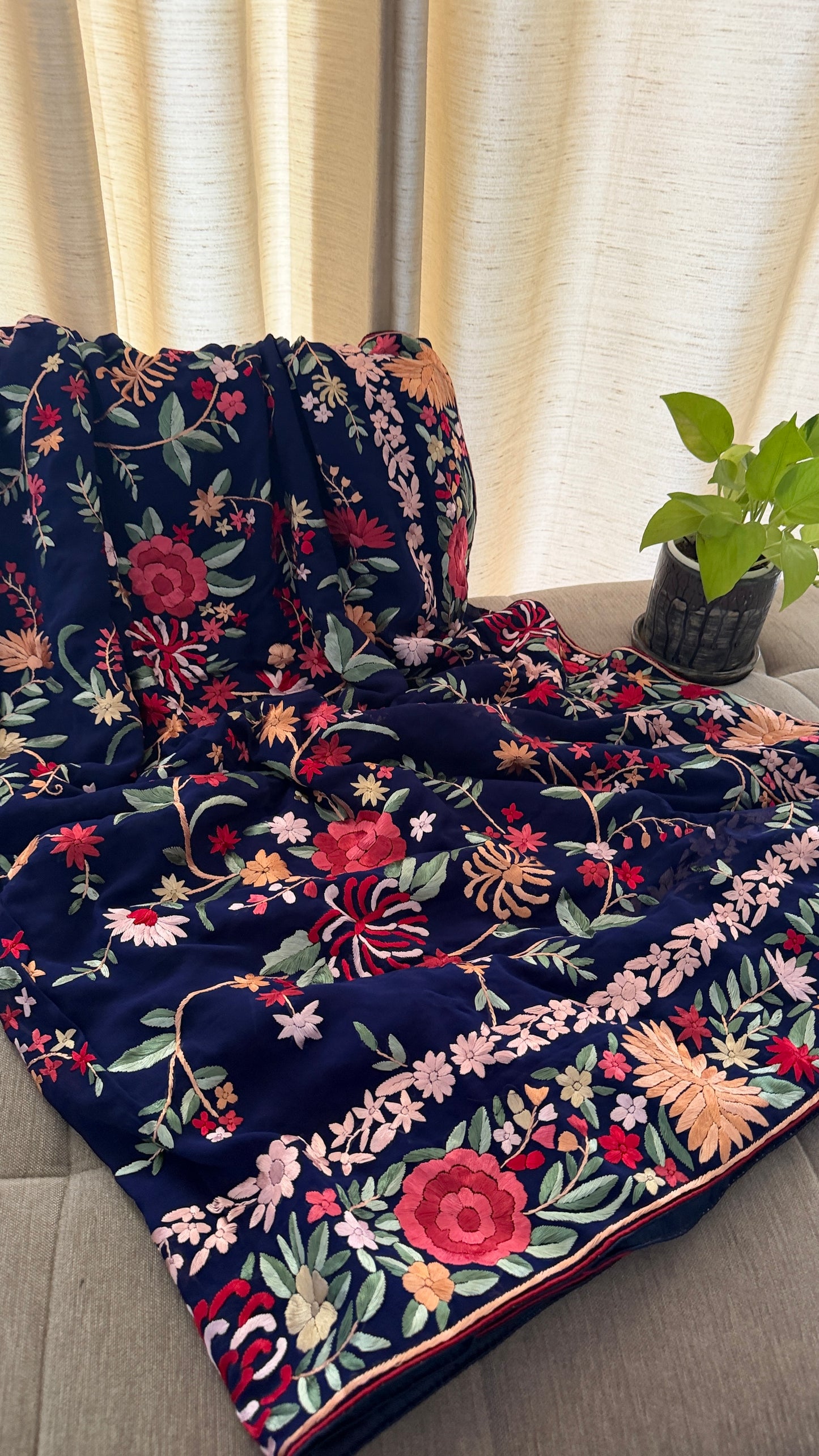 Navy Multicolour Floral Parsi Gara Saree